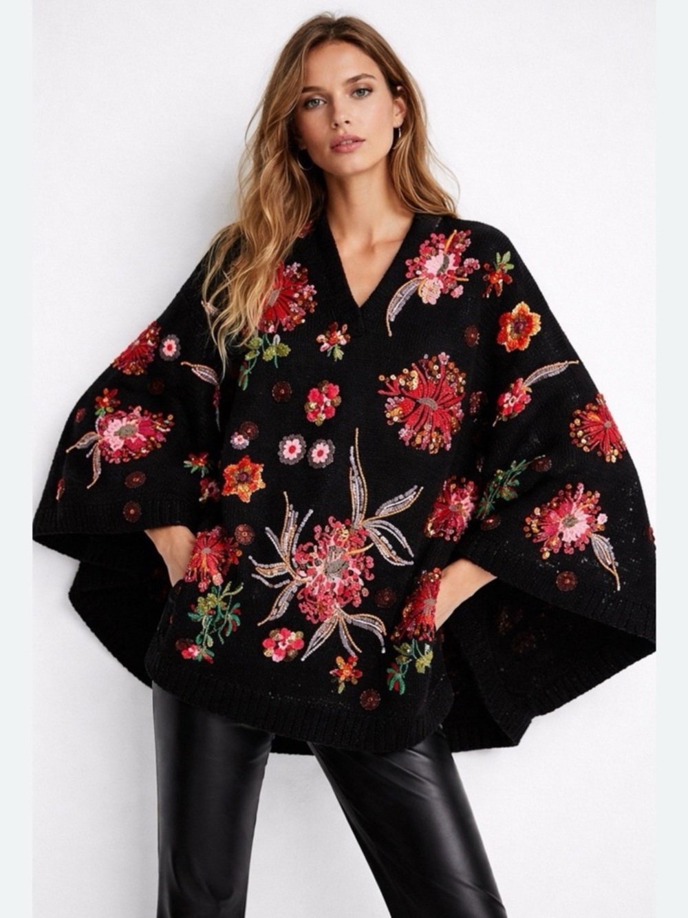 Zara limited edition black Knit Poncho Sweater w/Sequin Embroidery Size: Medium